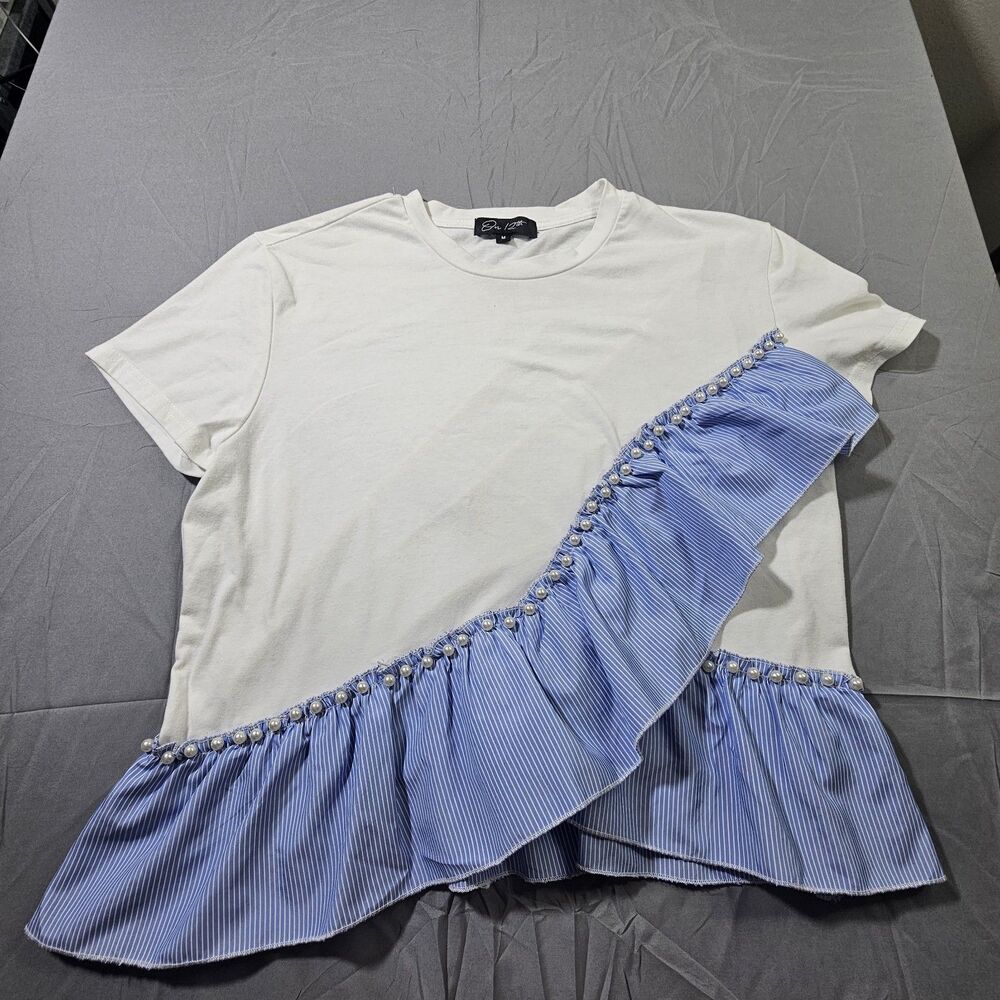 On 12th pearl stripe ruffle tee